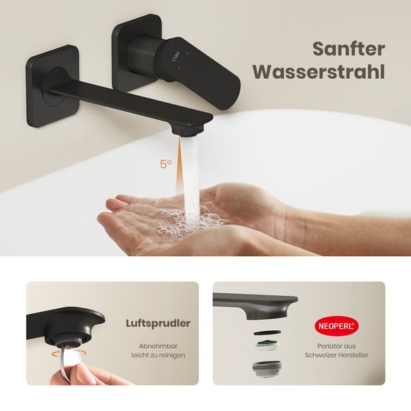 EMKE Wandarmatur, Edelstahl-Waschtischmischer, ergonomischer Einhebelmischer, geräuschreduzierend, Unterputz-Grundkörper,  Keramik-Ventilkern，Schwarz