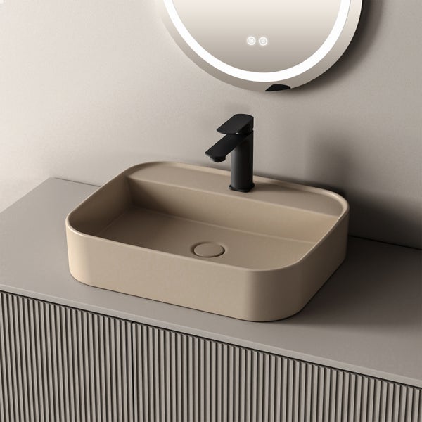 EMKE Waschtisch Keramik Matt-Beige, 50 x 40 cm, Wand- und Aufsatzwaschbecken, Waschbecken mit Hahnloch, R-Kantenschutz, für Badezimmer