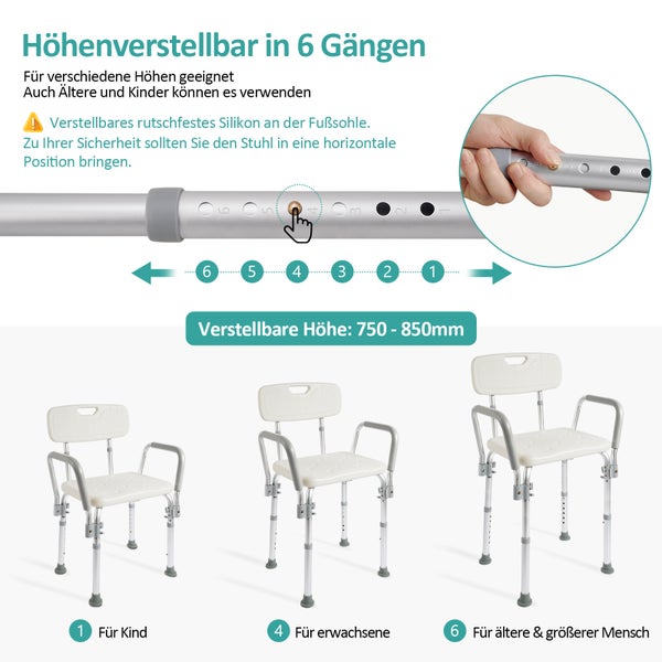 EMKE Duschhocker für Senioren – Duschstuhl mit Armlehnen und Rückenlehne, höhenverstellbarer Duschsitz, Badhocker für Dusche und Badewanne, belastbar bis 135 kg, Weiß