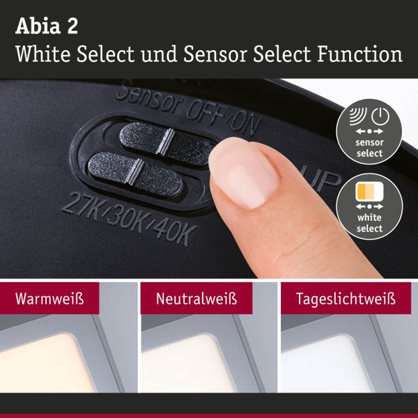 Abia 2 Leuchte mit White Select und Sensor Select Funktion zur Auswahl der Lichtfarbe und Sensoreinstellungen.