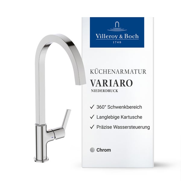 Villeroy and Boch Küchenarmatur Variaro Niederdruck in Chrom mit einem Schwenkbereich von 360 Grad und Produktverpackung