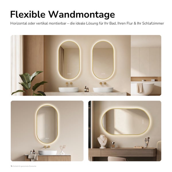 Ovaler LED Wandspiegel mit goldenem Rahmen, horizontal oder vertikal montierbar für Badezimmer und Wohnbereich.