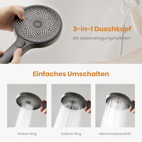 3-in-1 Duschkopf mit verschiedenen Wasserstrahlarten und Selbstreinigungsfunktion.