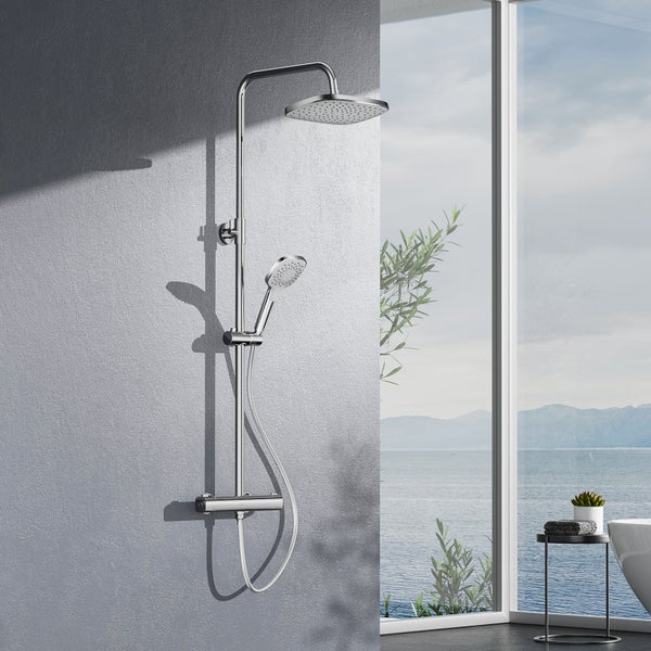 EMKE Duschsystem Duschset mit Theramostat Regendusche und 3 Strahlarten Handbrause,38℃ Thermostat Duschsäuleset Duschgarnitur, KTW Zertifizieren Duschsystem Set, Quadratisch, Chrom