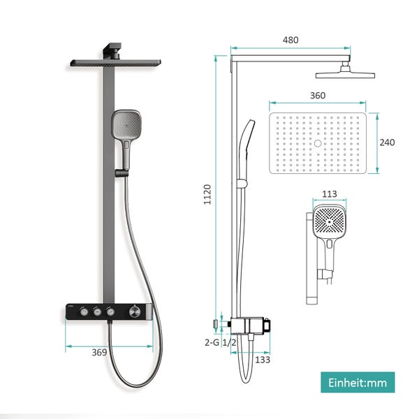 Technische Zeichnung einer Duscharmatur mit Maßangaben