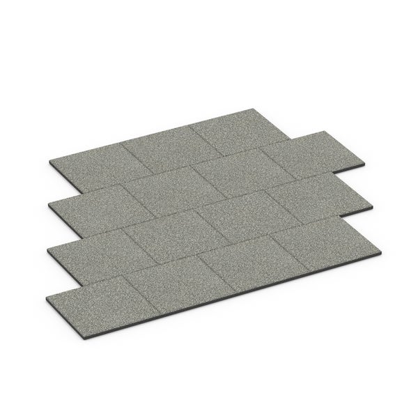 Quadratische Bodenplatten mit strukturierter, gesprenkelter Oberfläche in versetzter Anordnung.