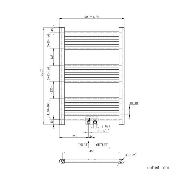 EMKE Badheizkörper 750x500 mm Handtuchheizkörper Horizontal Heizkörper Röhrenheizkörper , Handtuchwärmer Mittelanschluss sehr angenehme Strahlungswärme Weiß 291W