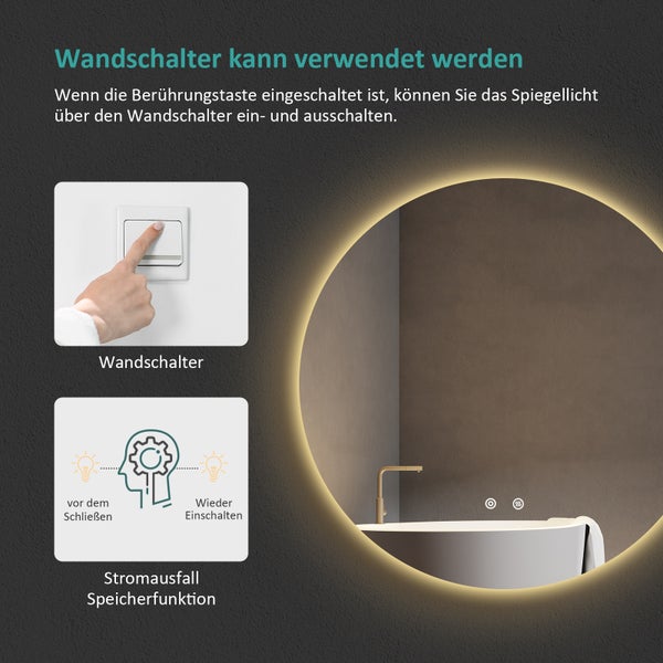 Darstellung eines beleuchteten Spiegels mit den Funktionen Wandschalter und Stromausfallspeicher
