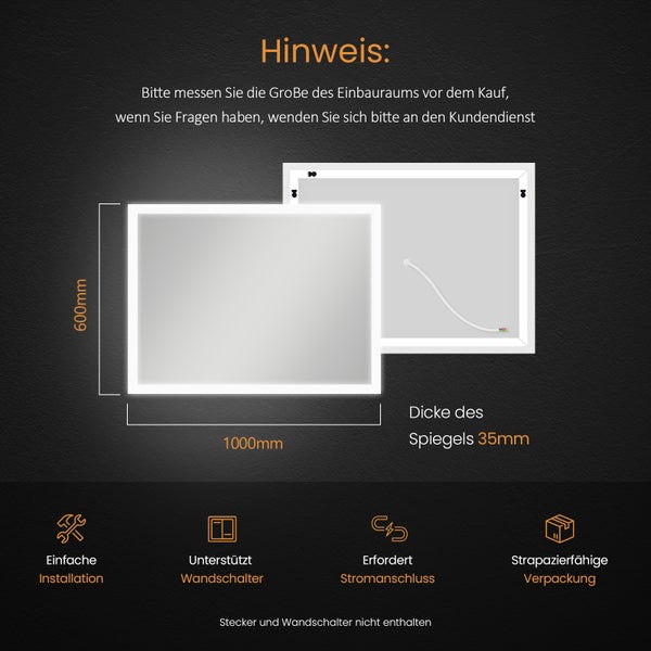 Abmessungen des Spiegels: 600 x 1000 Millimeter, Dicke 35 Millimeter. Einfache Installation. Unterstützt Wandschalter. Stromanschluss erforderlich. Robuste Verpackung.