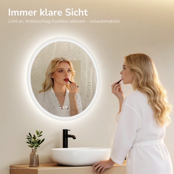 Runder Badezimmerspiegel mit LED Beleuchtung und Antibeschlagfunktion über einem Aufsatzwaschbecken mit Frau beim Auftragen von Lippenstift.