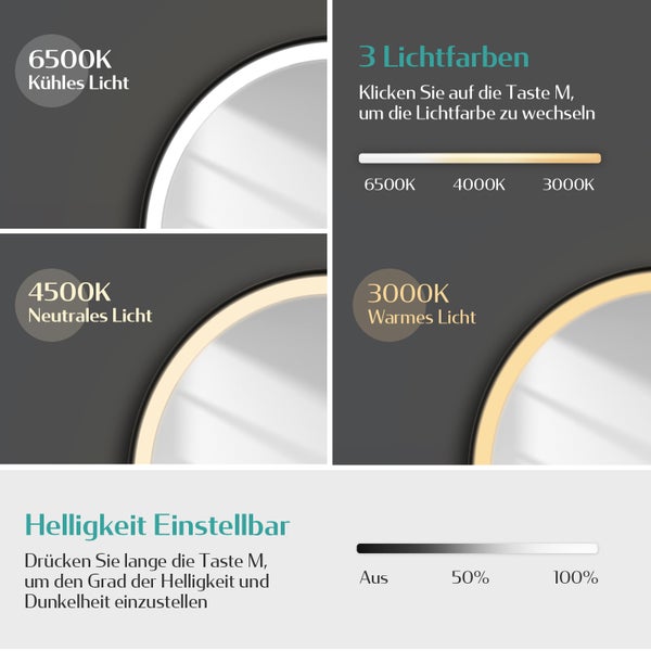 EMKE LED Badspiegel rund Ø70 cm, 3 Farbtemperaturen & Helligkeit einstellbar, Anti-Beschlag, Touch-Schalter, schwarzer Rahmen mit Deko-Aufhängung, IP44, zur Wandmontage, für das Badezimmer geeignet