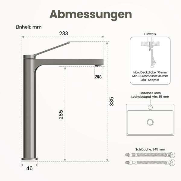 Emke Einhebel-Waschtischarmatur, Badarmaturen, Waschbecken Armatur - Schweizer Design, Minimalistisches Design，3/8 Zoll, Wassersparend, Korrosionsschutz, Warm- & Kaltwasser, Bleifreies Messing, Pflegeleicht -Anthrazit