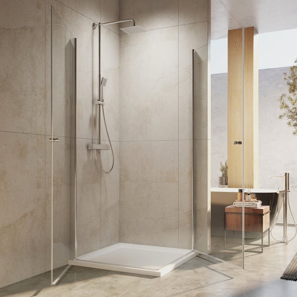 EMKE Duschkabine 90 x 80 cm, Eckdusche mit Pendeltüren, ESG Glas 6 mm, Chromrahmen, Anti-Kalk-Beschichtung, Höhe 185 cm, Eckeinstieg, Rundgriff