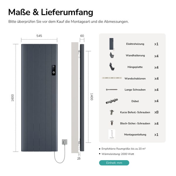 Maßzeichnung und Lieferumfang für Elektroheizung mit 2000 Watt Leistung, inklusive Wandhalterungen, Schrauben, Dübeln und Montageanleitung.