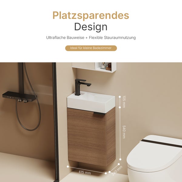 Kompaktes Badezimmer mit Waschtischunterschrank, Aufsatzwaschbecken, Armatur und Toilette mit Bidetfunktion, inklusive Maßangaben