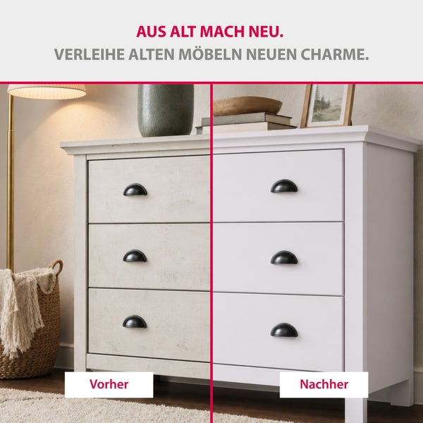 Vorher-Nachher-Vergleich einer renovierten Kommode mit drei Schubladen und Muschelgriffen von abgenutzt zu weiß lackiert.