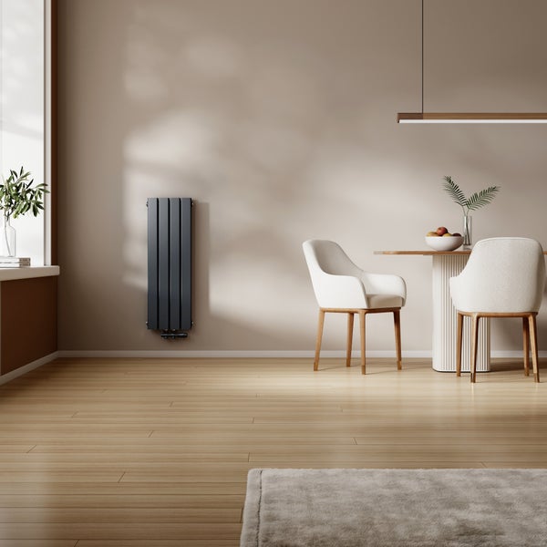 Raumansicht mit Heizkörper, Esstisch und Stühlen