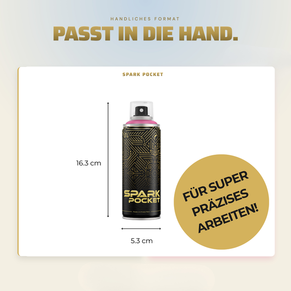 Spark Pocket Spraydose mit 16,3 Zentimeter Höhe und 5,3 Zentimeter Durchmesser für präzises Arbeiten.