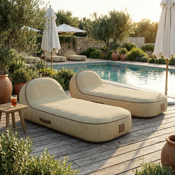 Moderne, ergonomische Gartenliegen mit strukturiertem Stoff auf einer Holzterrasse am Pool, umgeben von Pflanzen und Sonnenschirmen.