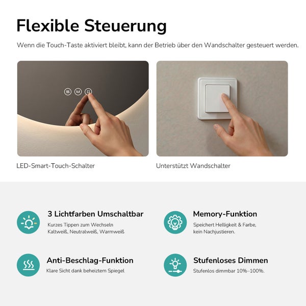 LED-Spiegel mit Smart-Touch-Schalter, Wandschalter-Steuerung, drei Lichtfarben, Anti-Beschlag-Funktion, Memory-Funktion und stufenlosem Dimmen.