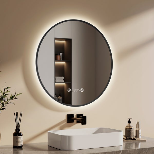 EMKE LED Badspiegel Ø70 cm, 4300K Neutrales Licht, Antibeschlag, Dimmbar, Schwarzer Rahmen, Uhr, Temperaturanzeige, für Badezimmer