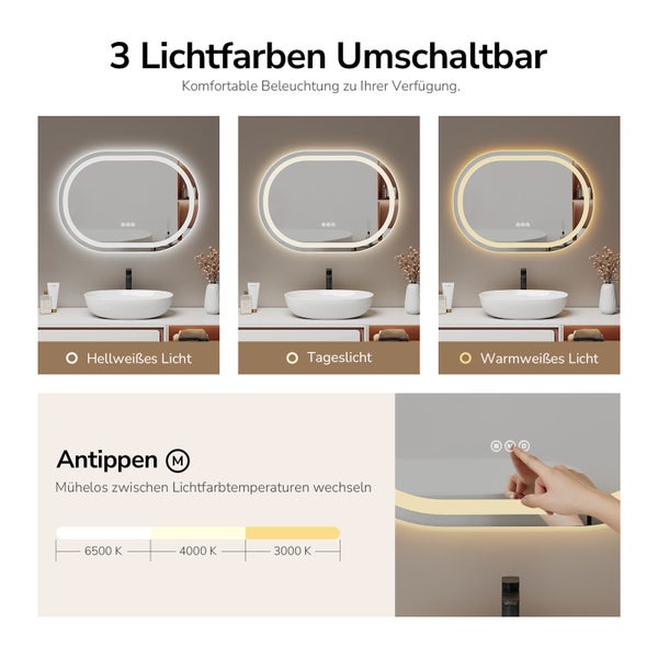 Badezimmerszene mit einem Spiegel mit drei umschaltbaren Lichtfarben, von kaltweiß bis warmweiß. Bedienung durch Antippen.