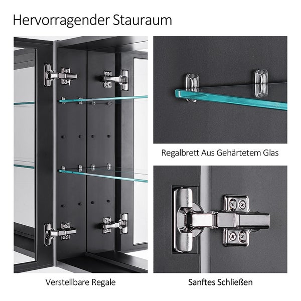 EMKE Spiegelschrank 850x145x650 mm, Grau, Rechteckig, Horizontal, 3 Innenräume, 3mm Rostfreies Spiegelglas, Mit Silent-Design Dämpfungsscharnieren, Badezimmer-Aufbewahrungsschrank, für Bad