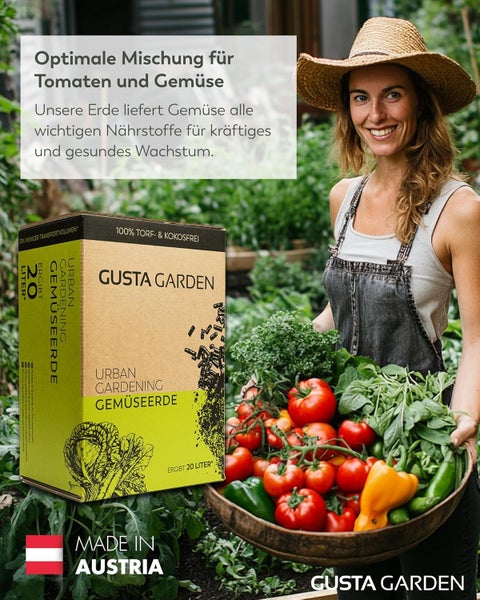 Frau in einem Garten mit einer Schüssel frischem Gemüse neben einer Packung Gusta Garden Urban Gardening Gemüseerde, hergestellt in Österreich.