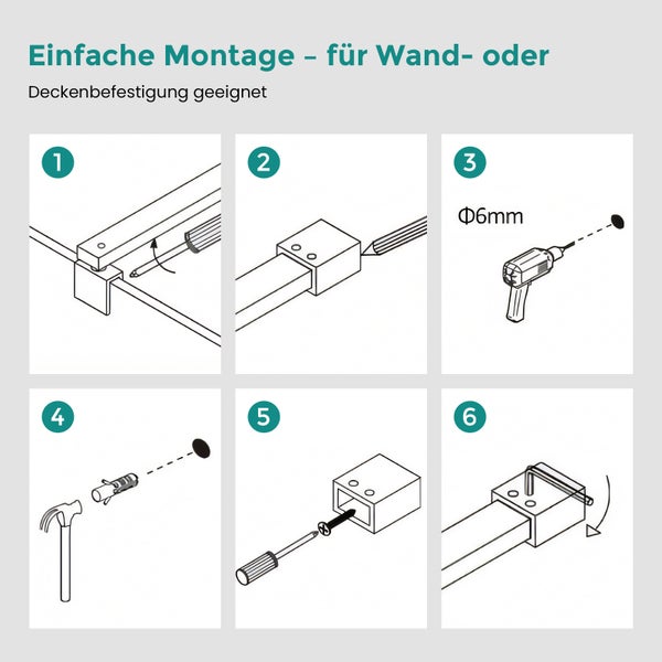 Montageanleitung für Wand- oder Deckenbefestigung in sechs Schritten