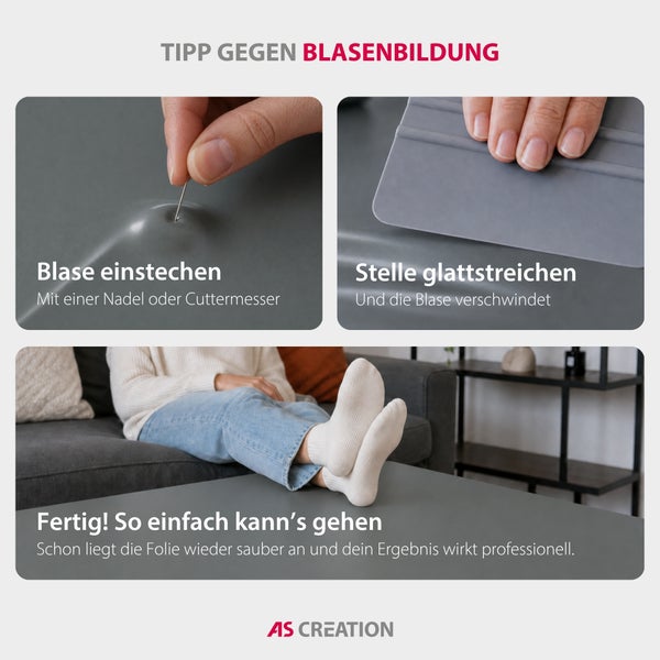 Tipp zum Entfernen von Luftblasen bei Möbelfolie: Blase mit Nadel einstechen, glattstreichen und fertiges Ergebnis. AS Creation Logo.