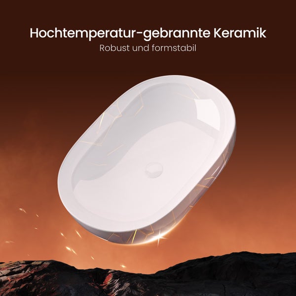 EMKE Aufsatzwaschbecken, Ovales Waschbecken 600 x 415 mm, Glänzend Weiß, Keramik, Ohne Hahnloch, Pflegeleicht, Antibakteriell & Feuchtigkeitsbeständig, Für Bad & WC, Höhe 146 mm