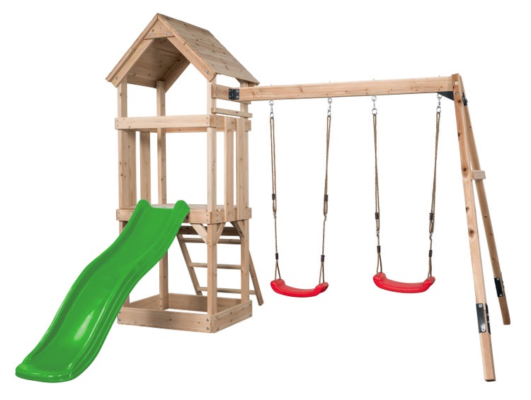 Spielturm mit Rutsche und zwei Schaukeln für den Garten