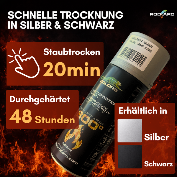 Rodaro Hitzefester Lack Spraydose 400 Milliliter staubtrocken in 20 Minuten hitzebeständig bis 800 Grad Celsius in Silber und Schwarz erhältlich