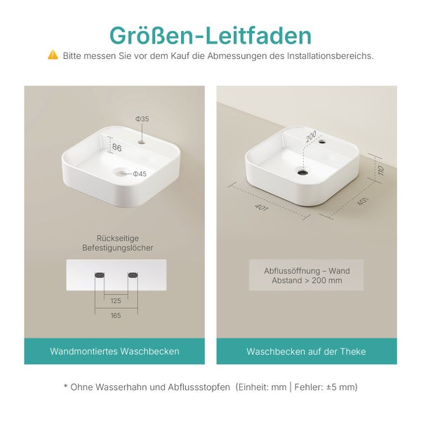 Größeninformationen für ein Waschbecken mit Maßangaben für die Wandmontage und die Montage auf einer Arbeitsplatte