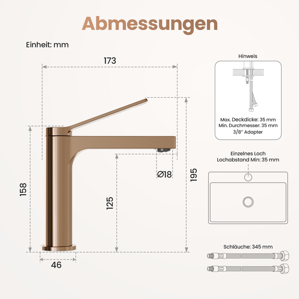 EMKE Einhebel-Waschtischarmatur, Badarmaturen, Schweizer Design, G3/8， Wassersparend, Bleifreies Messing, Korrosionsschutz, Pflegeleicht, Rosengold
