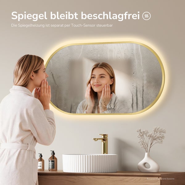 Ovaler Badezimmerspiegel mit LED Beleuchtung und integrierter Spiegelheizung in einem modernen Badezimmer.