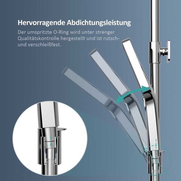 EMKE Duschsystem mit Thermostat 38 °C, 3 Strahlart(en), Überkopfbrause, Handbrause mit 3 Funktionen, unterer Wasserauslass, Verbrühungsschutz, Wandmontage, 114,6 × 45 × 48 cm, Chrom