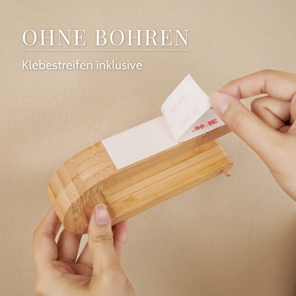Badezimmerhaken aus Bambus zur Montage ohne Bohren mit Klebestreifen auf der Rückseite.