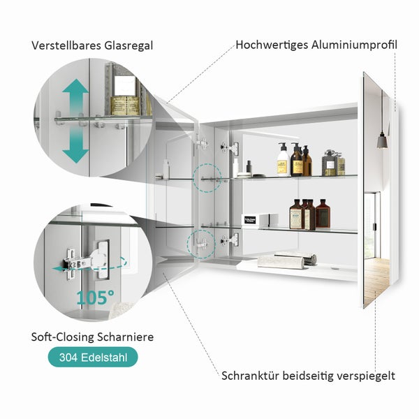 EMKE Spiegelschrank 85L x 65H x 14,5T cm, Badezimmerschrank Weiß, 2-türig mit 3 mm kupferfreiem & rostfreiem Spiegelglas, 3 Ablagen, 105° Türöffnung, 304 Dämpfscharniere, großer Stauraum