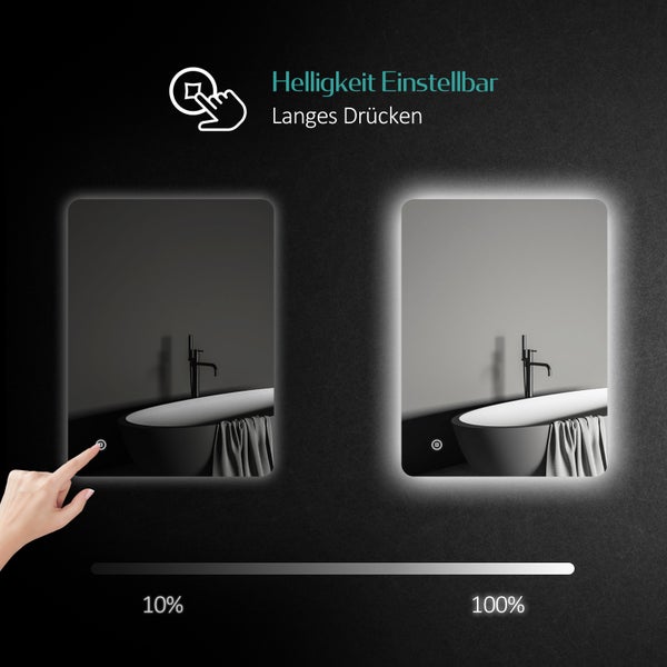 Spiegel mit einstellbarer Helligkeit im Badezimmer, Helligkeit von 10 bis 100 Prozent einstellbar