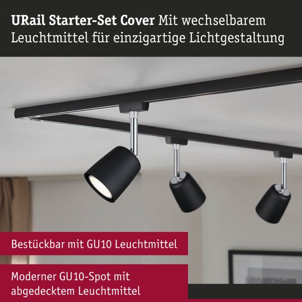 URail Schienenspot Cover Starterset GU10 max. 10W dimmbar 230V Schwarz matt, Chrom
