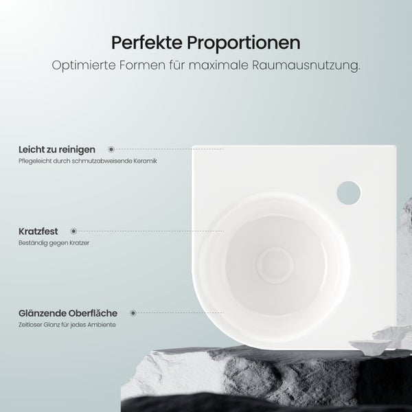 Detailansicht eines weißen Keramikwaschbeckens mit den Eigenschaften: leicht zu reinigen, kratzfest und glänzende Oberfläche