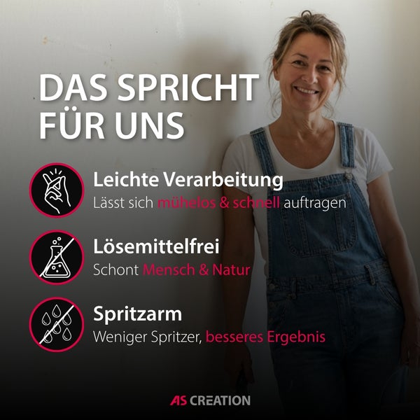 AS Creation Logo, Symbole für leichte Verarbeitung, lösemittelfrei und spritzarm. Frau in Latzhose.
