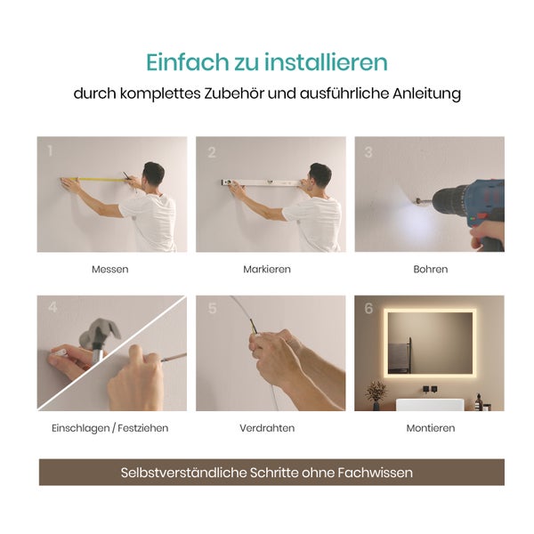 EMKE Badspiegel mit Beleuchtung 100x60 cm, Warmweiß, 28 W, rostfreier Spiegel, Aluminiumrahmen Weiß, flexibel montierbar, IP44, für Bad
