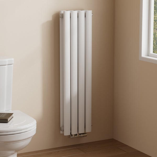 EMKE Badheizkörper 900×240 mm, Designheizkörper, Vertikal, Doppelrohr oval, 373W, Weiß, für Warmwasserbetrieb, für Bad, Zentralanschluss