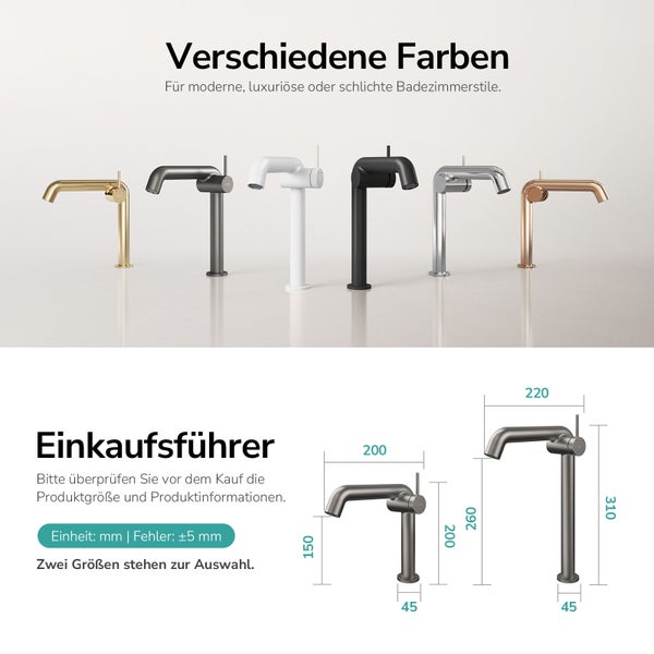 Verschiedenfarbige Waschtischarmaturen für das Badezimmer mit Größenangaben