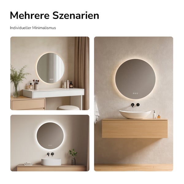 Runder Badezimmerspiegel mit LED-Hintergrundbeleuchtung und Touch-Steuerung in verschiedenen minimalistischen Einrichtungsbeispielen.