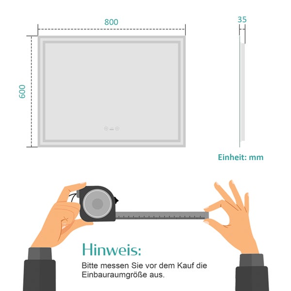 Illustration eines Spiegels mit Maßangaben, zur Information über die Größe vor dem Kauf.