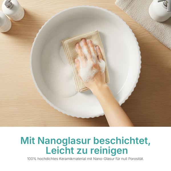 Hand reinigt Waschbecken mit Nanobeschichtung und Reinigungstuch
