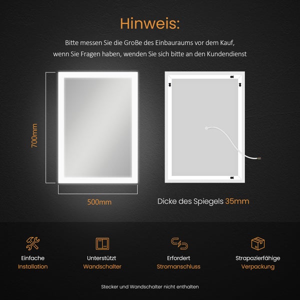 Information graphic of a mirror showing dimensions, thickness and installation features